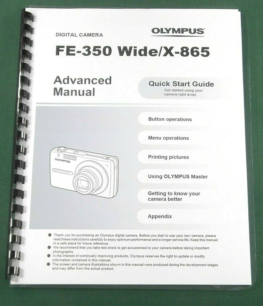 Olympus FE-350 Advanced Instruction Manual: 63 Pages with Protective Covers!