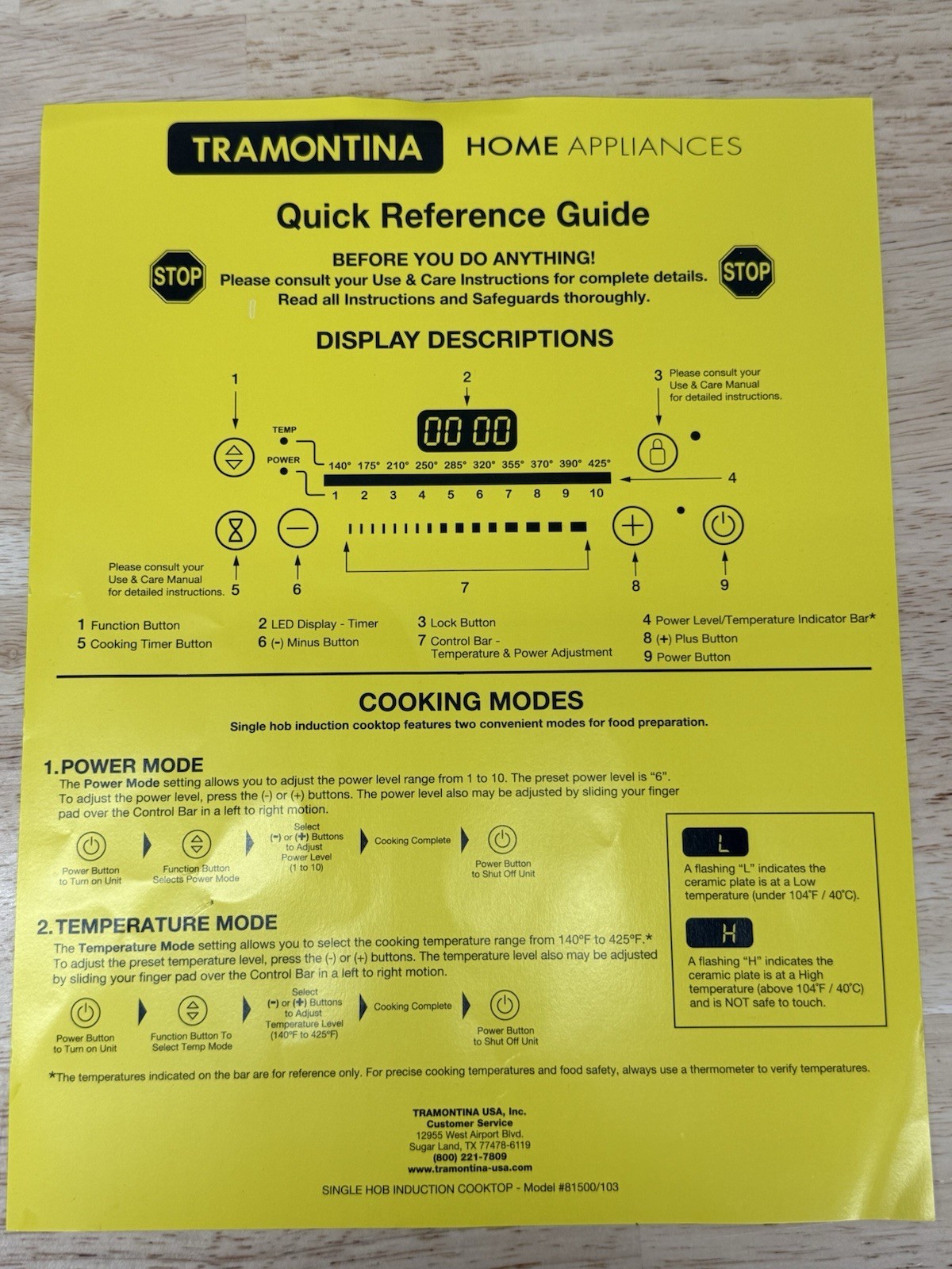 Tramontina Induction Cooktop 81500/103 Intertek Portable Temp Control