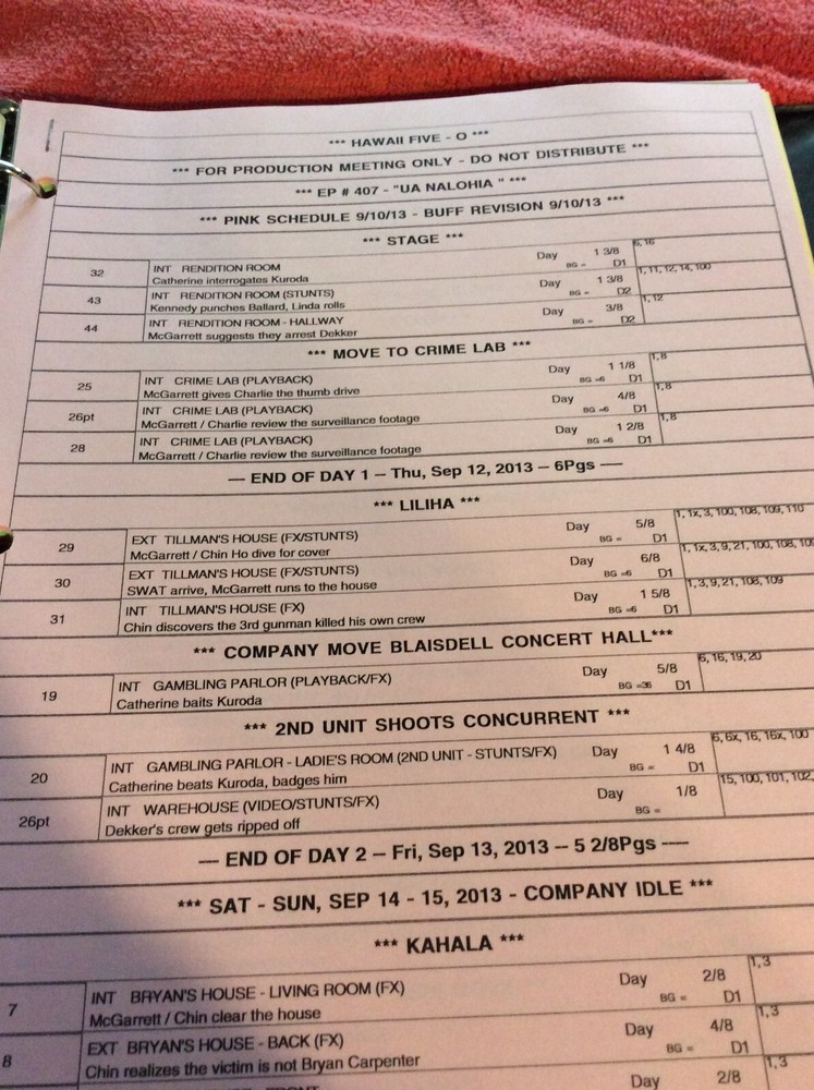 HAWAII FIVE-O ORIGINAL SCRIPT 407 SCHEDULE 2013 UA NALOHIA DANIEL DAE KIM