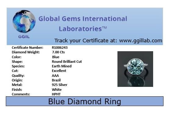 RARE 7 Ct Certified Blue Diamond Solitaire Ring, Bezel Setting - Tariffs FREE