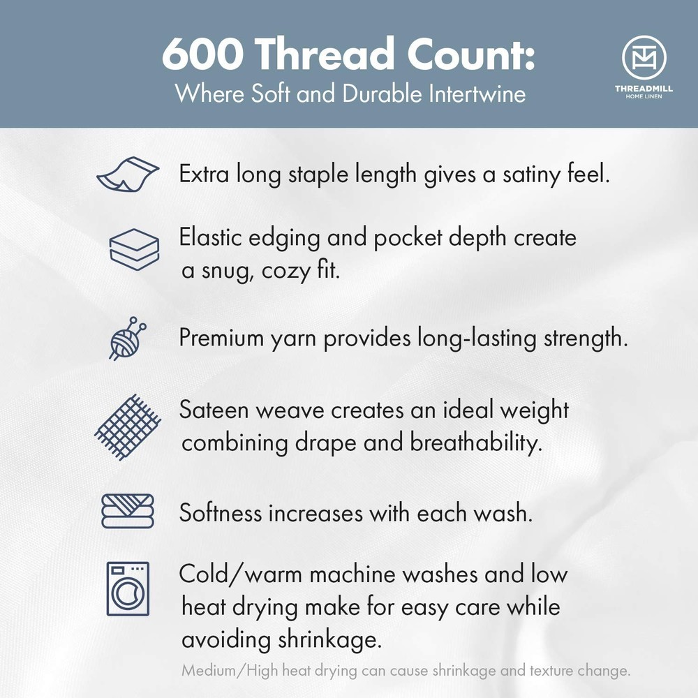 Threadmill 100% Cotton Sheets for Twin Size Bed - 600 Thread Count Twin Bed S...