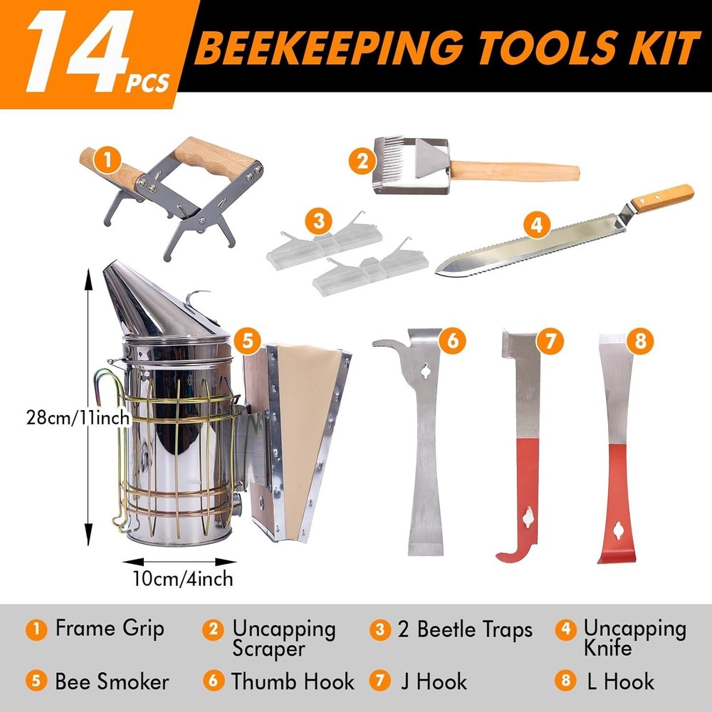 Complete Beekeeping Equipment Set with Protective Gloves and Multi-Pocket Tote