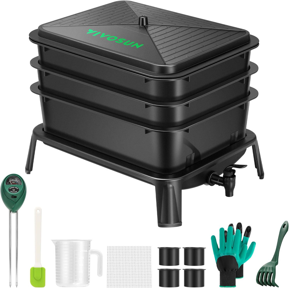 3-Layer Worm Compost Bin, 30L Worm Composter, Easy Setup Inclusive Worm Farm Kit
