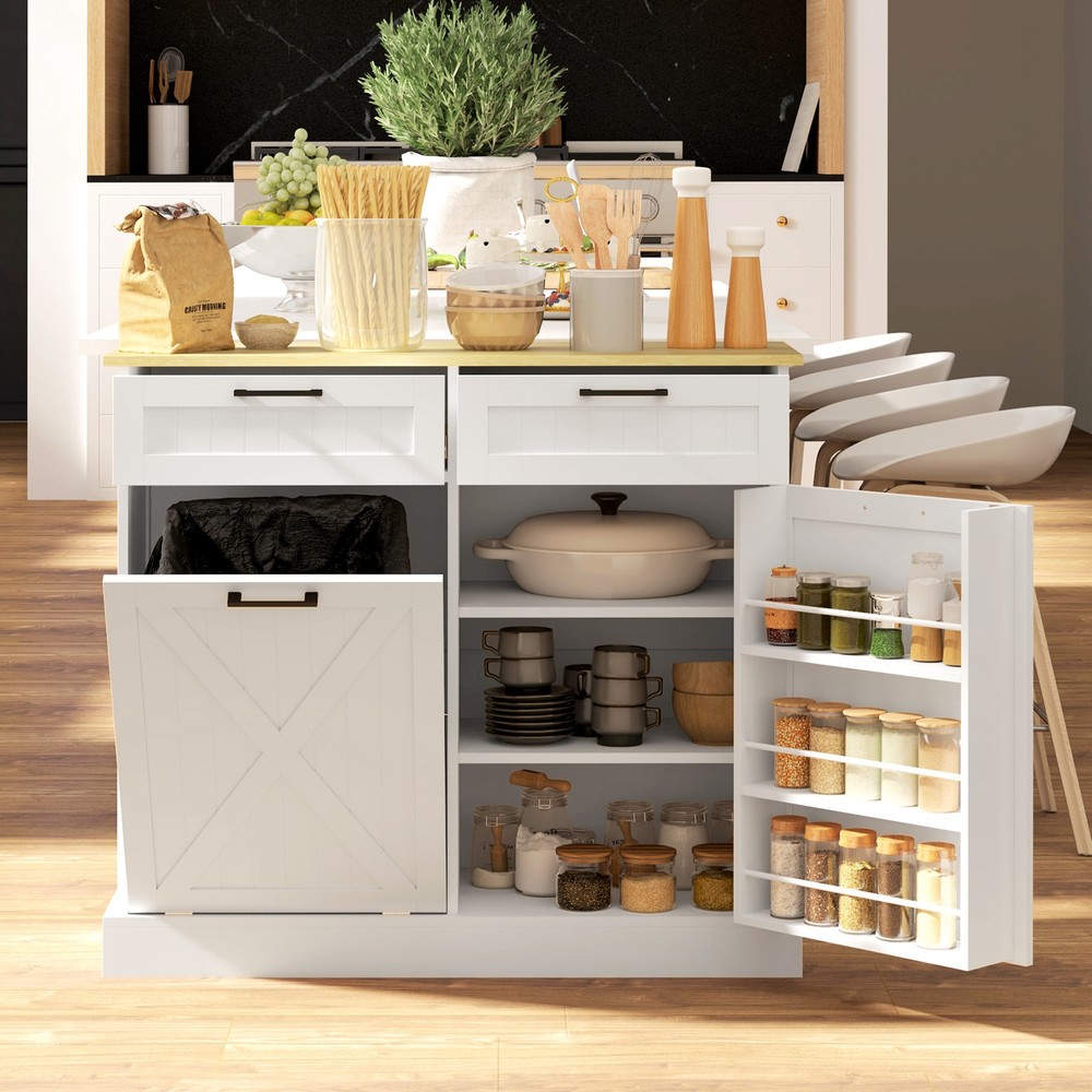 Kitchen Island with Trash Can Storage and Drawers, White