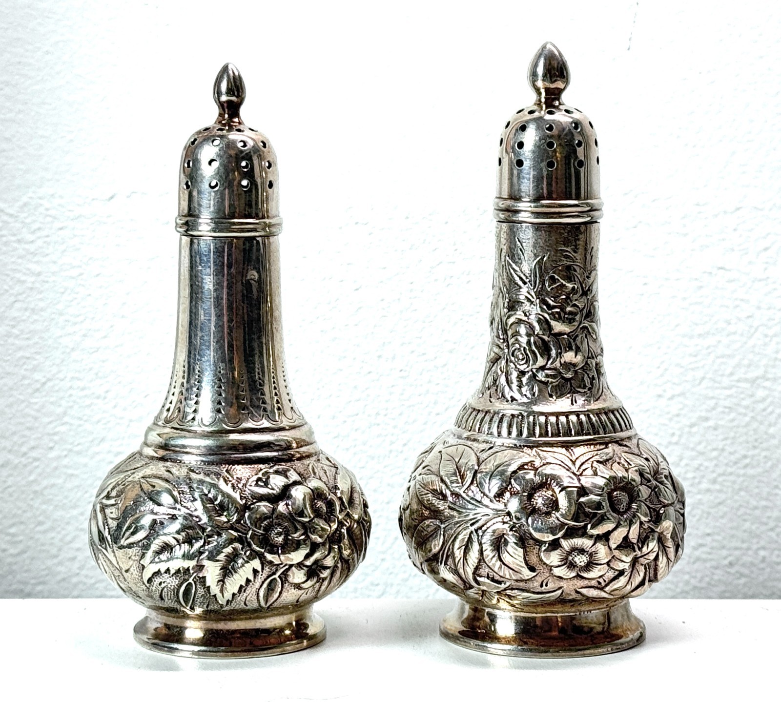 Tiffany & Co Sterling Silver Repousse Floral Salt & Pepper Shakers 5.96 ozt