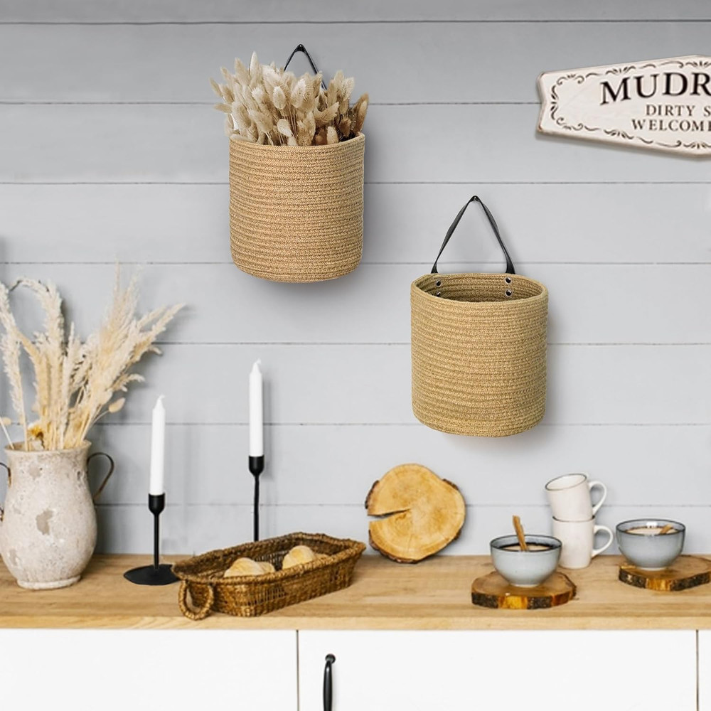 2 Pack Hanging Basket, Small Wall Baskets for Organizing, Wicker Boho Wall Decor