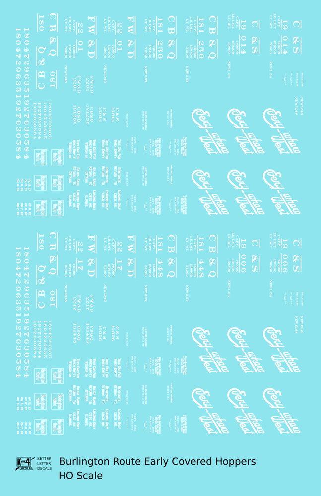 K4 HO Scale Decals Burlington CB&Q Two Bay Covered Hopper White Script Lettering