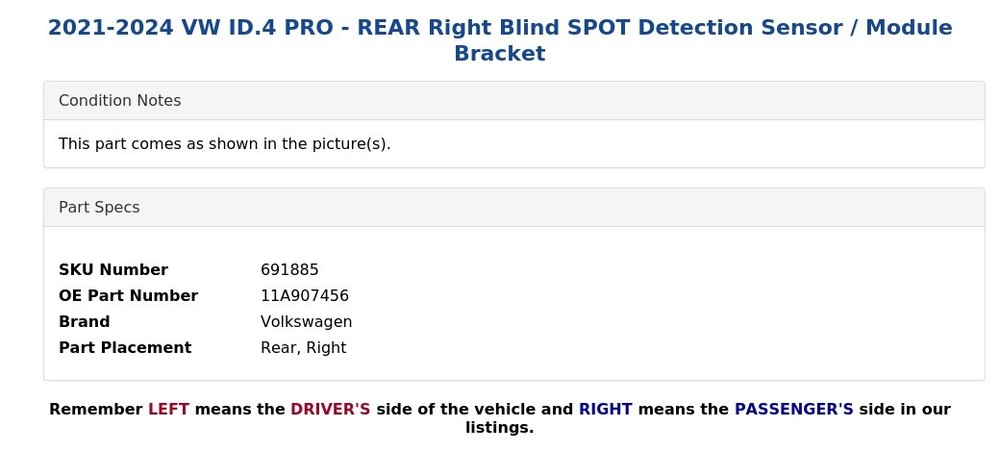 2021-2024 VW ID.4 PRO - REAR Right Blind SPOT Detection Sensor / Module Bracket