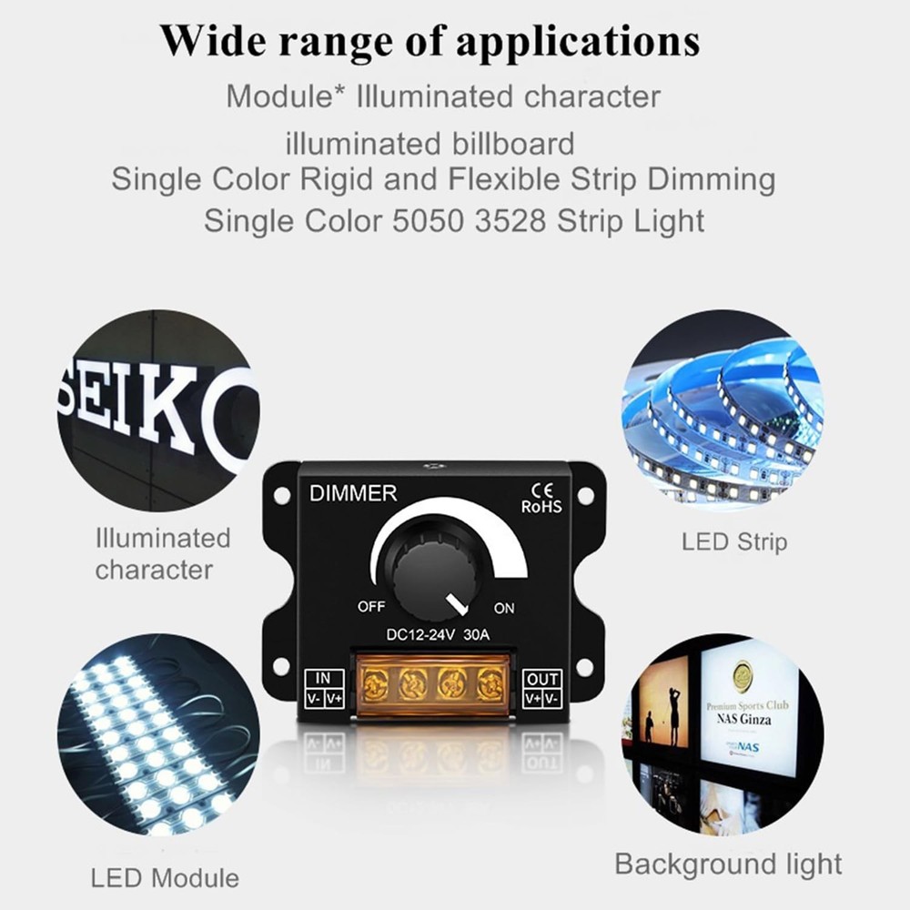 2Pack LED Dimmer Switch DC 12-24V 30A PWM Stepless Brightness Dimming Controller
