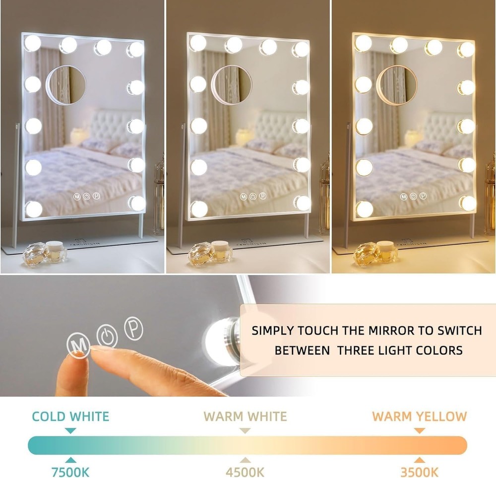Dimmable Lighted Makeup Vanity Mirror - Detachable Magnification & Modern Design