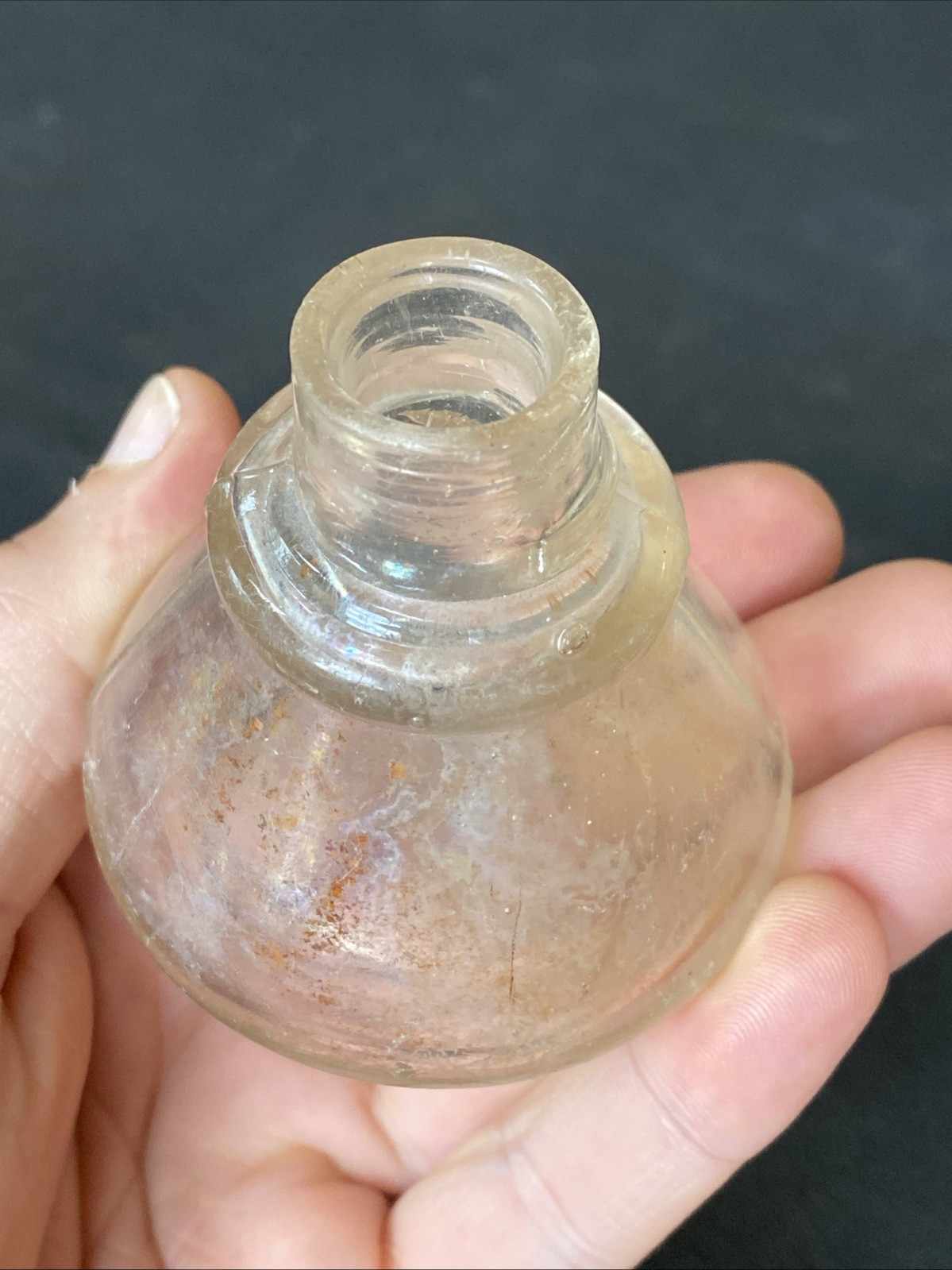 Antique Iridescent Clear Sheered Lip Cone Ring Shoulder 19th C Ink Well Bottle