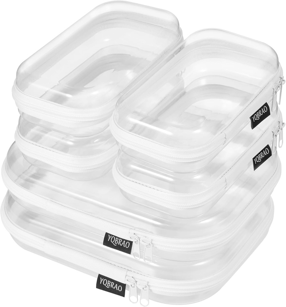 6 Pack Clear Hard Shell Zipper Case (4 Small & 2 Medium), Hard Plastic Organizer