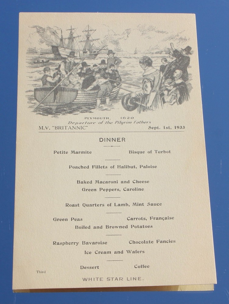 WHITE STAR LINE MV BRITANNIC ORIGINAL ONBOARD THIRD CLASS MENU 01/09/33