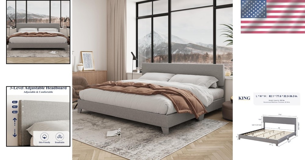 Sleek Linen Upholstered King Bed Frame, Adjustable Headboard