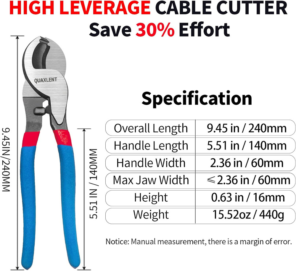 10 Inch Large Cable Cutter Heavy Duty High Leverage Big Wire Cutting Plier Tool
