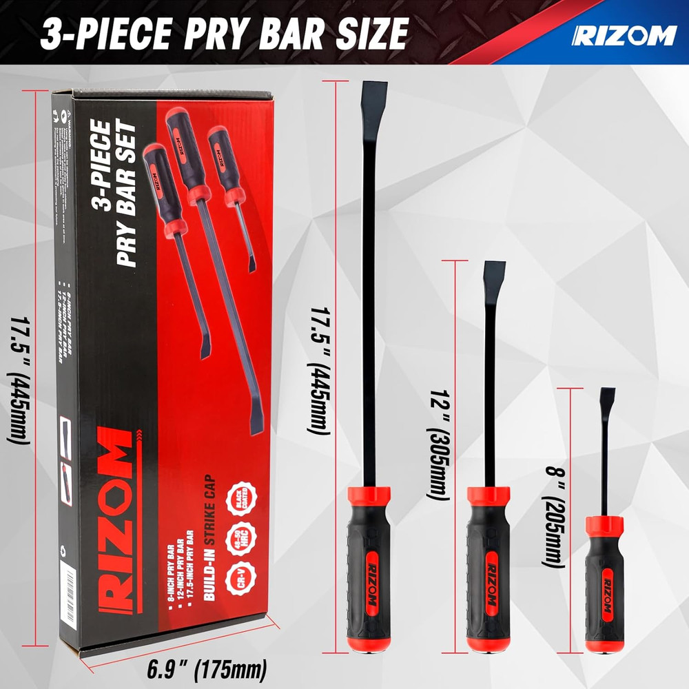Pry Bar Set 3-PC with Strike Cap Handle Angled Tip for Prying Lifting And