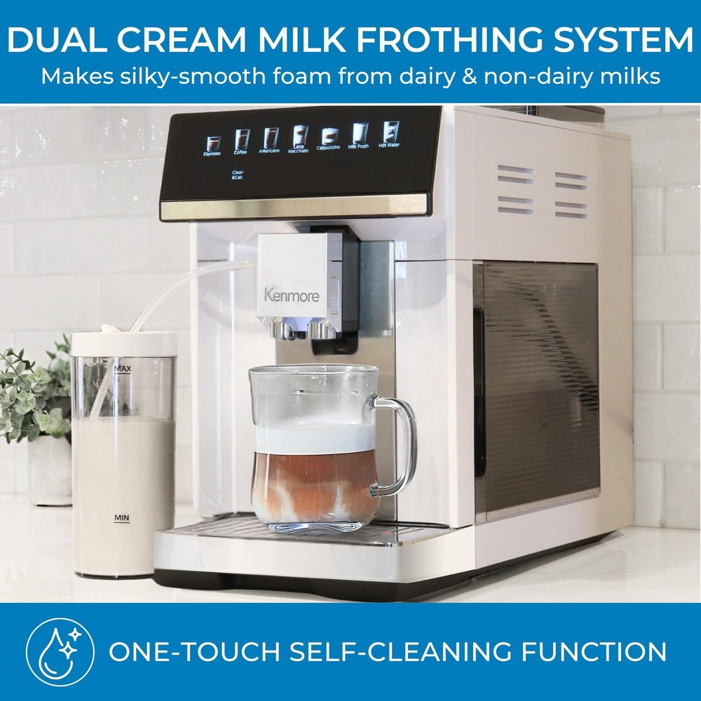Kenmore Fully Automatic Coffee Maker - with Grinder, Milk Large, White