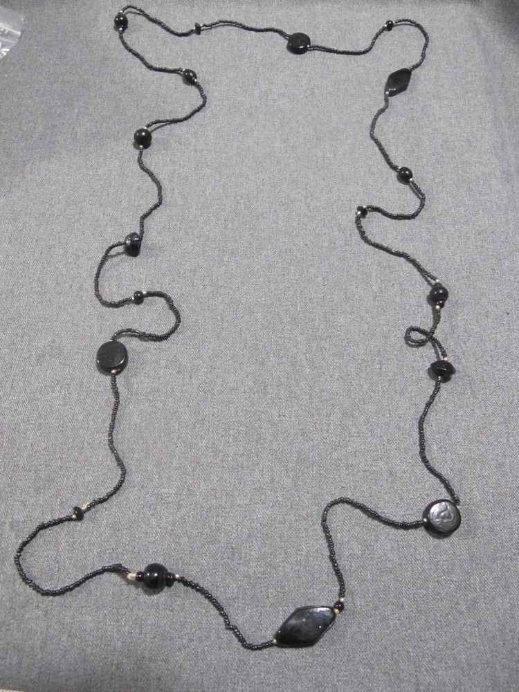 Vintage flapper style assorted black glass + tiny silvertone beaded necklace