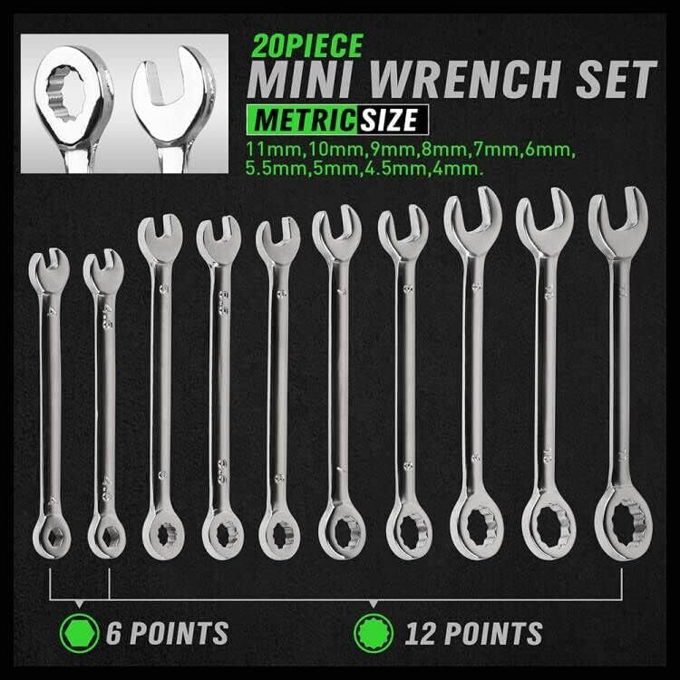 22 pc Mini Wrench Set Metric SAE Ignition Spanner Open End and Box End Standard