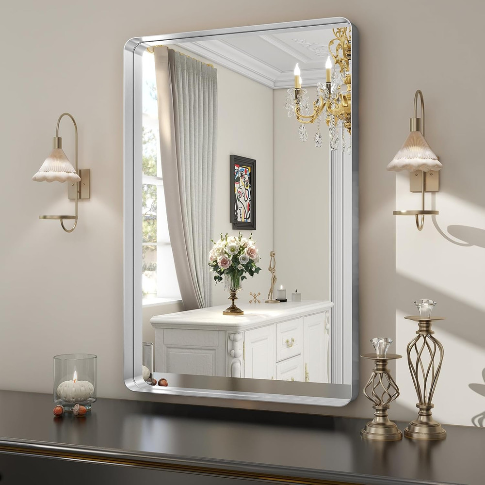 Modern Silver Wall Mirror, 30x22 Inch Rectangular Aluminum Frame, Versatile Desi