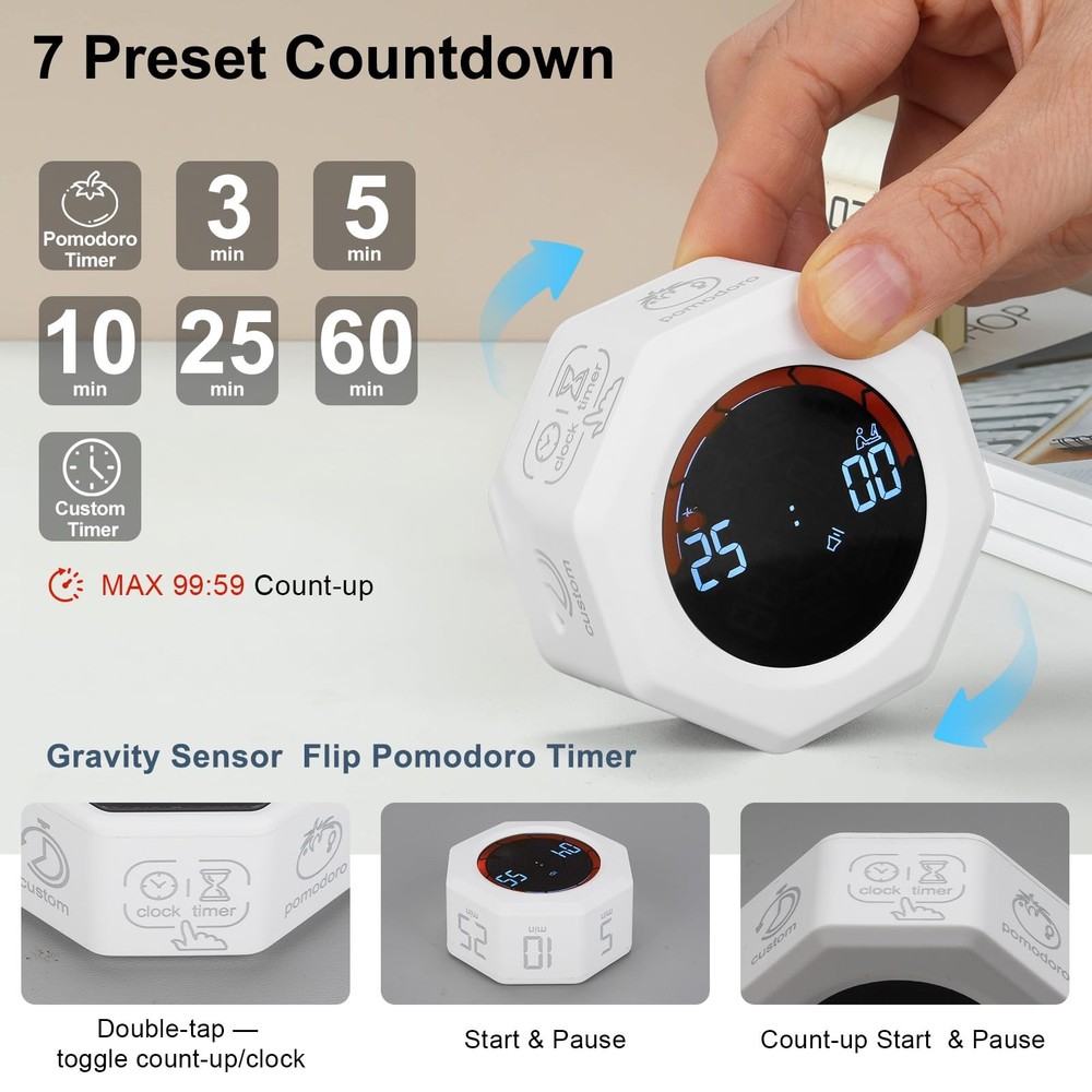 Small Productivity Timer - Pomodoro Timer with 3/5/10/25/60 Min Presets & Cus...
