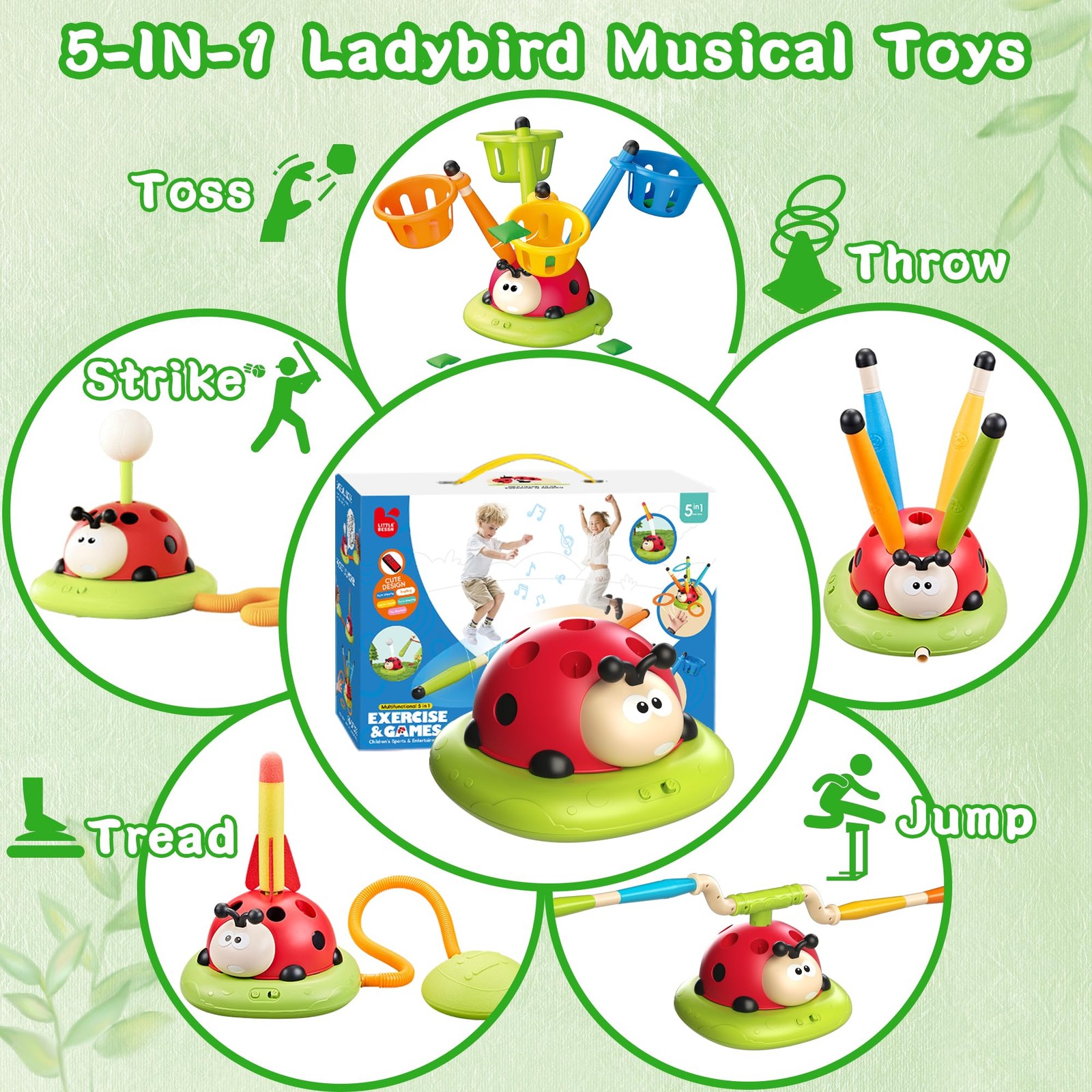 5 in 1 Musical Jump, Bean Bag Toss Ring Game, Baseball Toys and Stomping Laun...