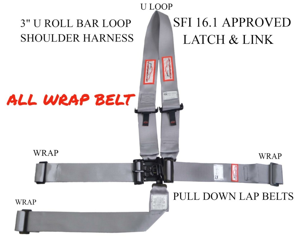 CONTINUOUS LOOP OVER ROLL BAR 3" RACE HARNESS 5 POINT SFI 16.1 LATCH & LINK GRAY