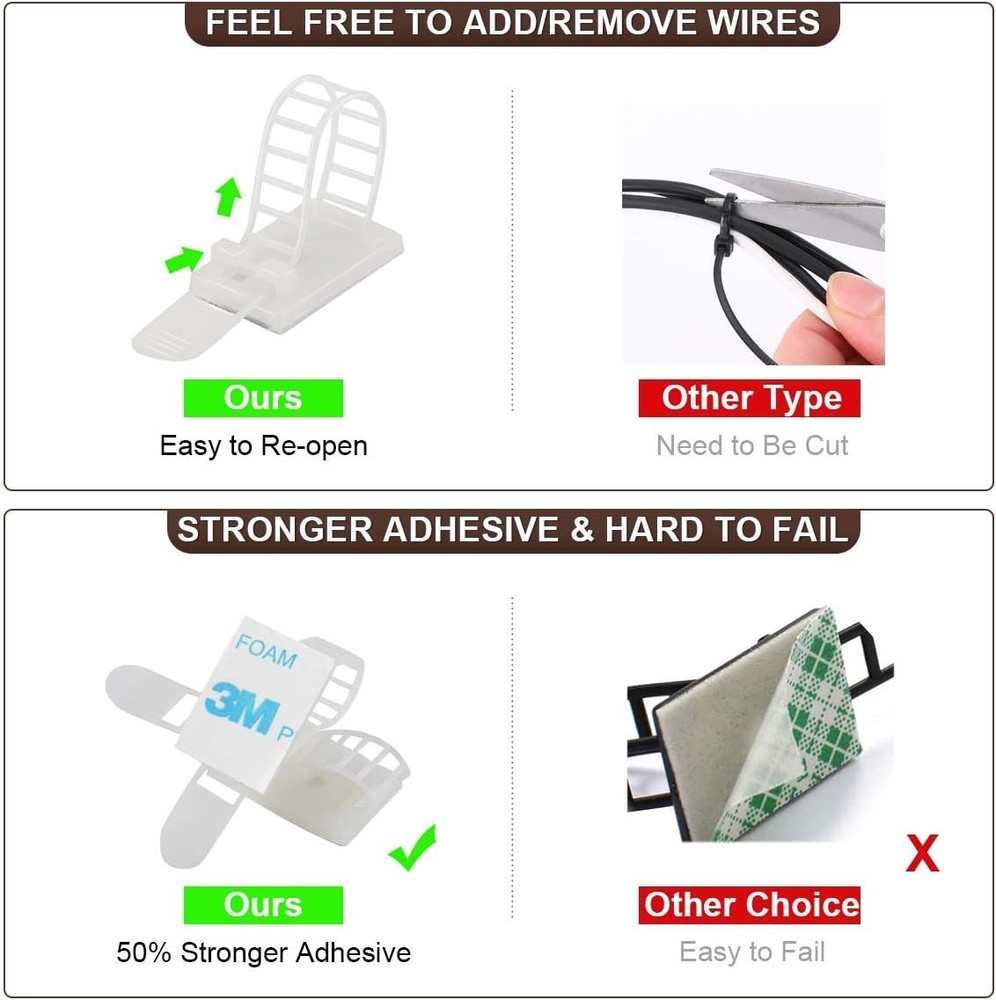 50Pcs Adhesive Cable Management Clips with 50Pcs Zip Ties, Adjustable Nylon C...