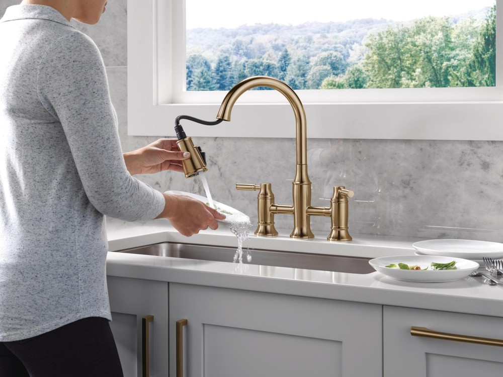 Delta Renaldi Brushed Gold Kitchen Faucet with Pull Down Sprayer Bridge 3 Hole