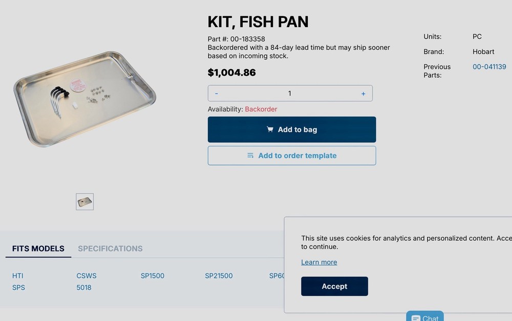 HOBART 00-183358, KIT, FISH PAN