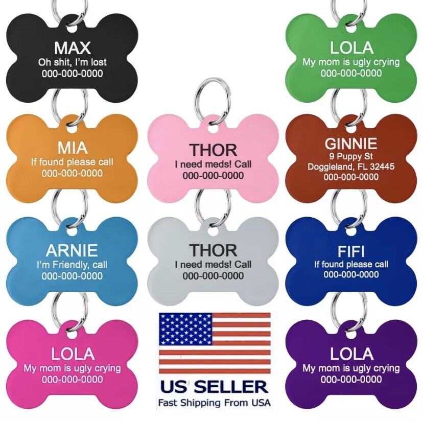 Custom Engraved Bone Dog Tag Pet ID Puppy Double Sided Engraving & split ring