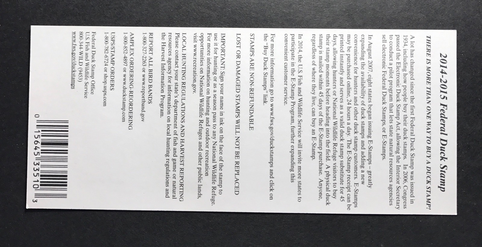 #RW81A 2014 - 2015 - US Federal Duck Stamp - Post Office FRESH