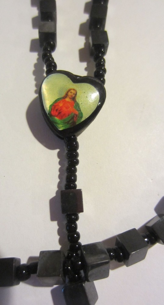 Vintage Rosary Hematite Black Square Beads plus bonus