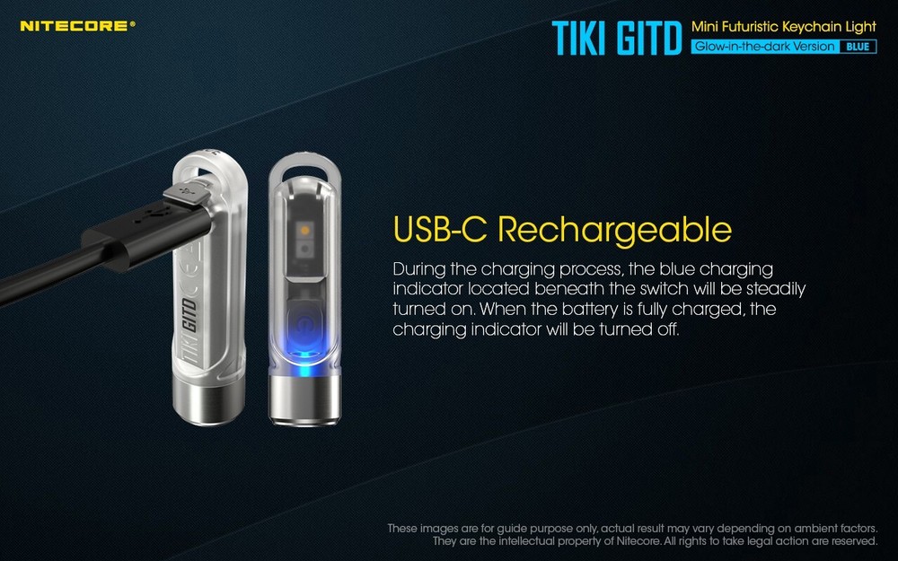 NITECORE TIKI GITD 300 Lumen USB-C Keychain Flashlight - UV and High CRI LED