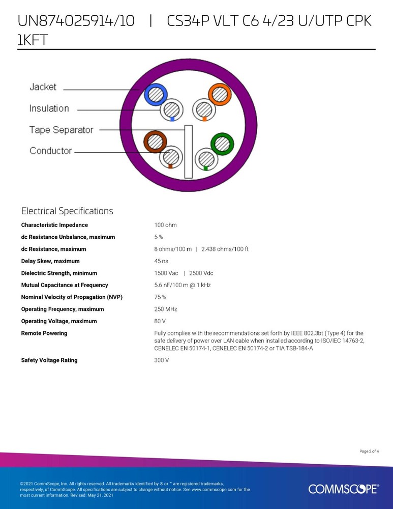 Commscope CS34P 23/4P Cat6 F/UTP WebTrak Shielded Network Cable CMP Violet/100ft