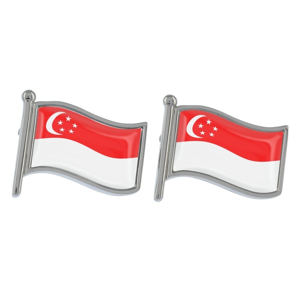 Singapore Wave Flag Silver Cufflinks in Gift Box