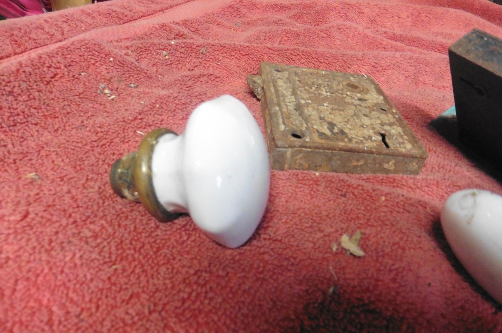 3 Antique Door knobs white marble Brass Mortise rare octagonal coppers on set