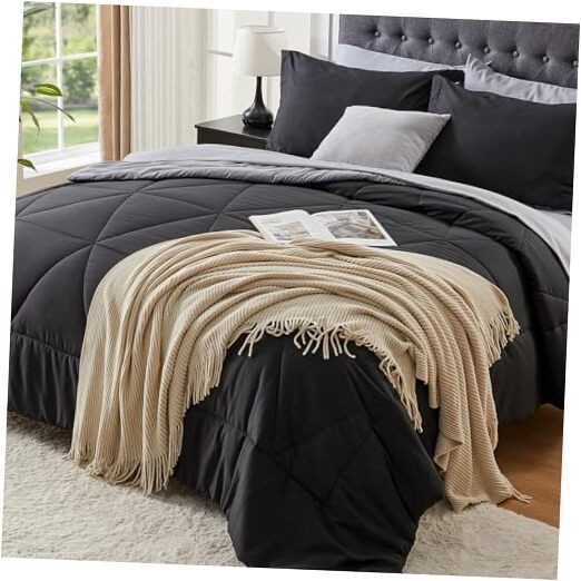 Comforter Set 7 Pieces Bed in A Bag - Soft Microfiber Reversible Queen Black