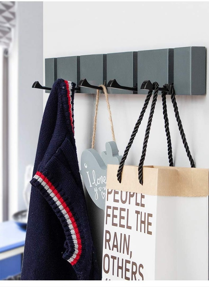 Grey Modern Wall Mounted Coat Rack, Folding Hooks, Sleek Space-Saving Hanger ...