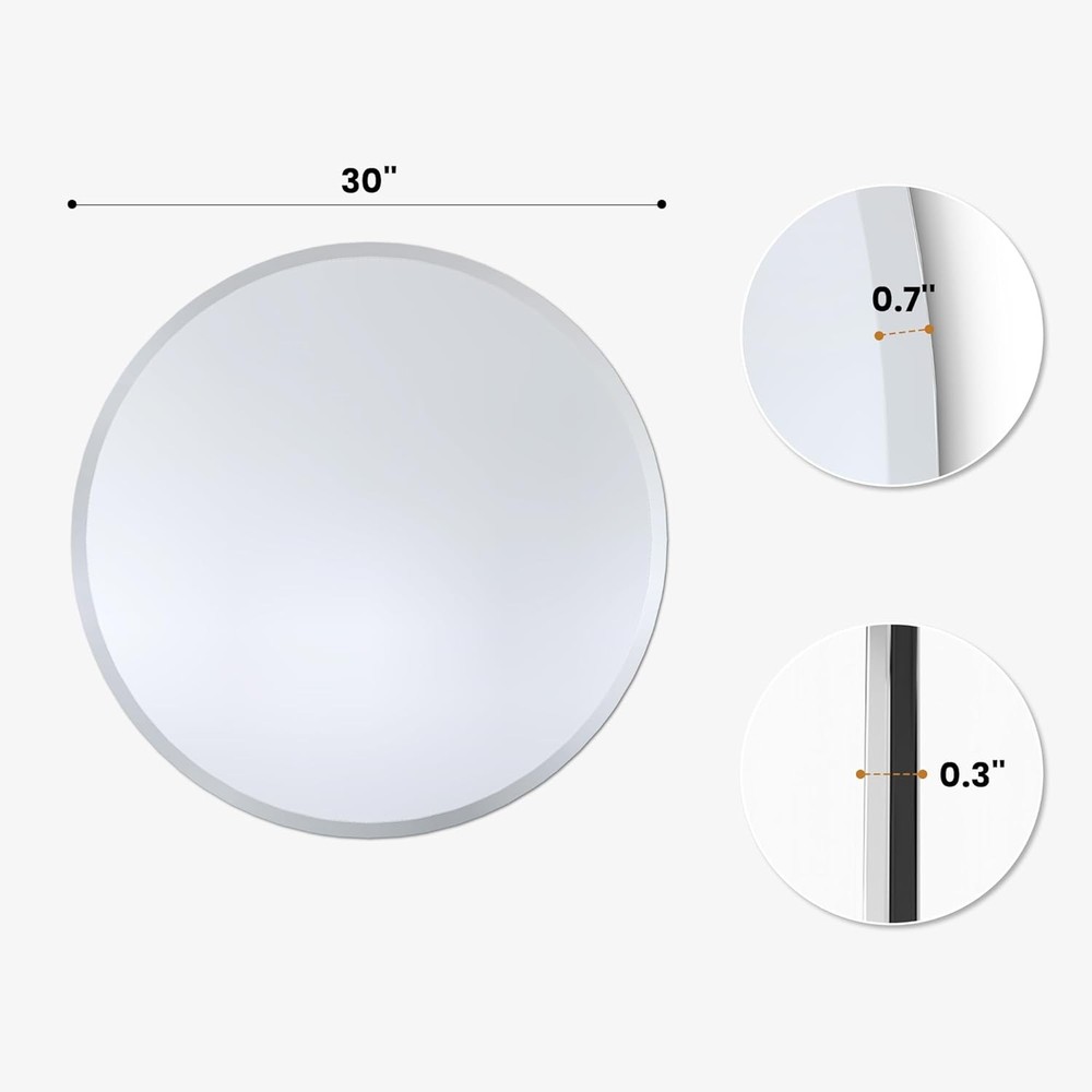 30" Frameless Round Bathroom Mirror - Beveled Vanity Mirror with Support Panel