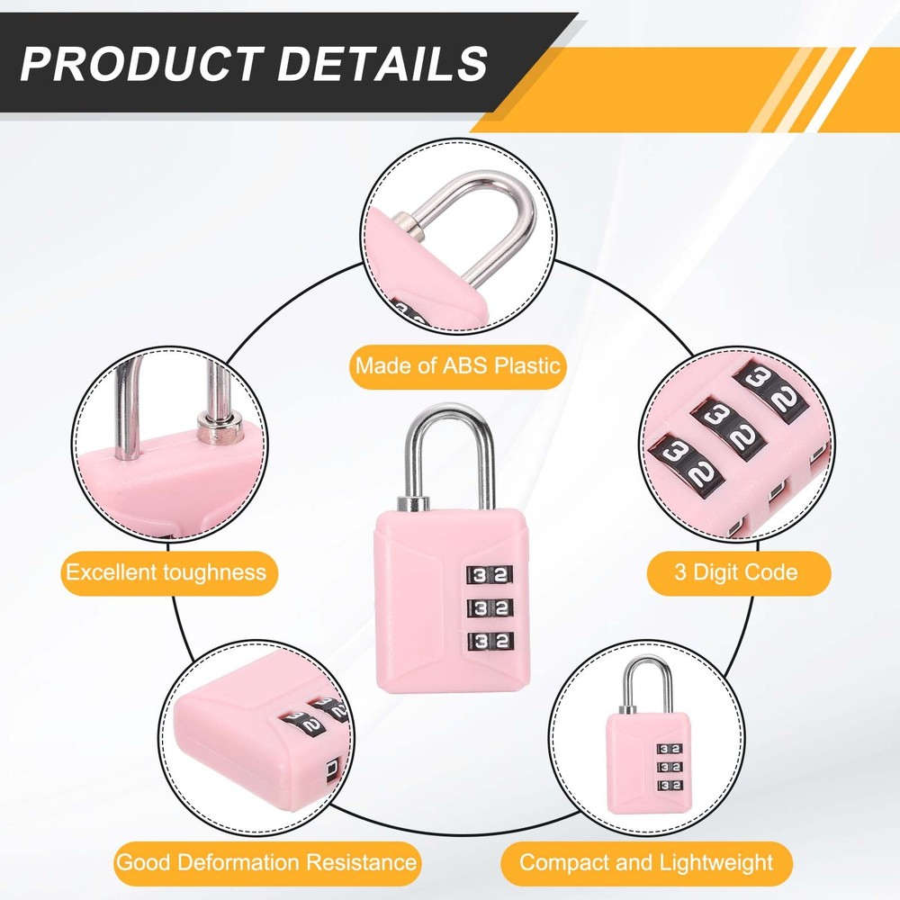 2pcs Resettable 3 Digit Plastic Combination Padlock, Pink (60 x 32mm)