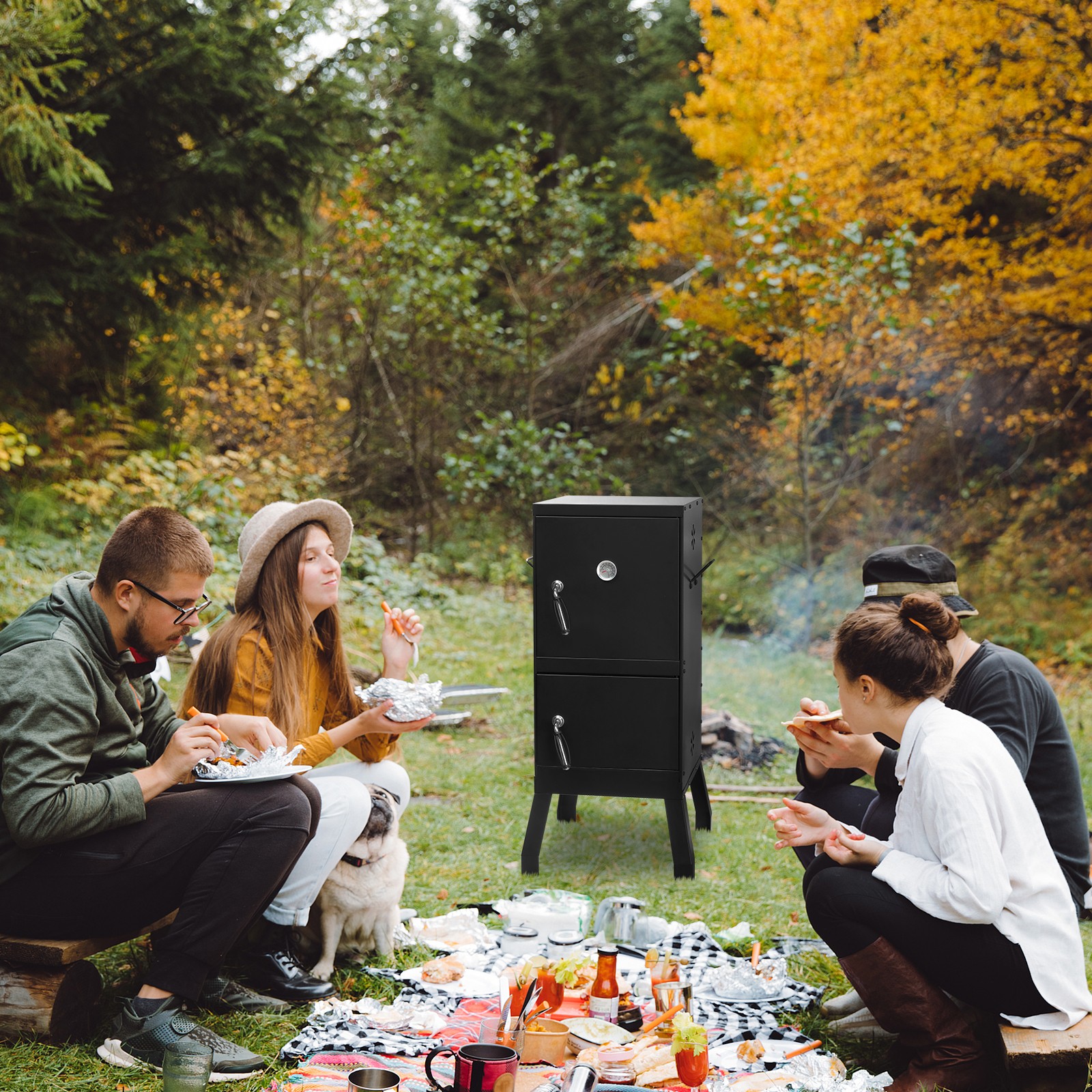 Vertical Charcoal Smoker Barbecue with Double Door Thermometer Garden Camping