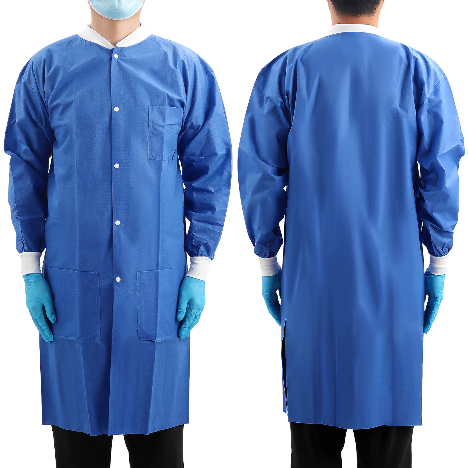 JMU Dental Disposable SMS Lab Coat Knee Length 3 Pockets Medical S-XL Knit Cuffs