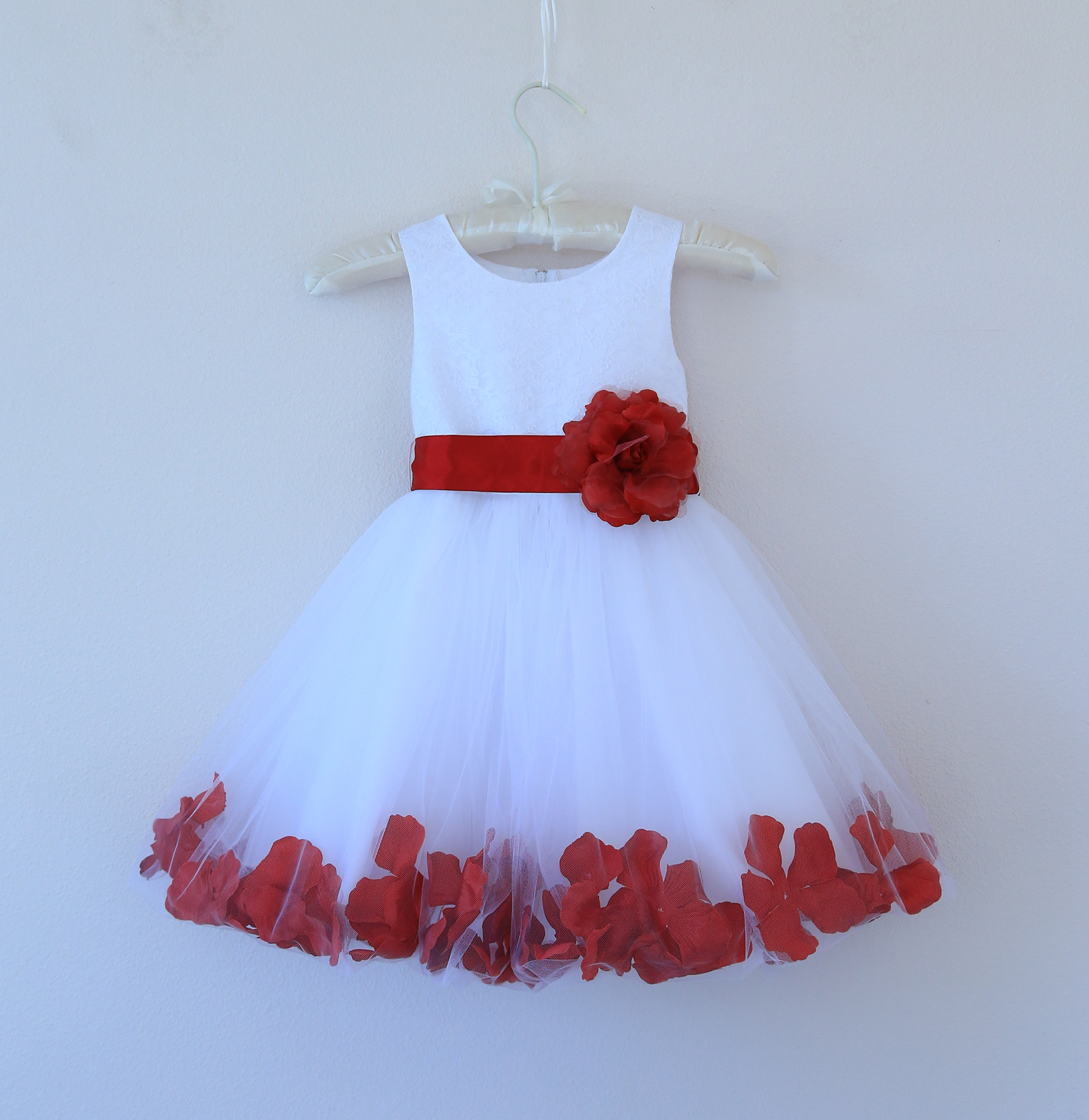 White Wedding Pageant Floral Lace Rose Petal Tulle Flower Girl Dress Recital 165