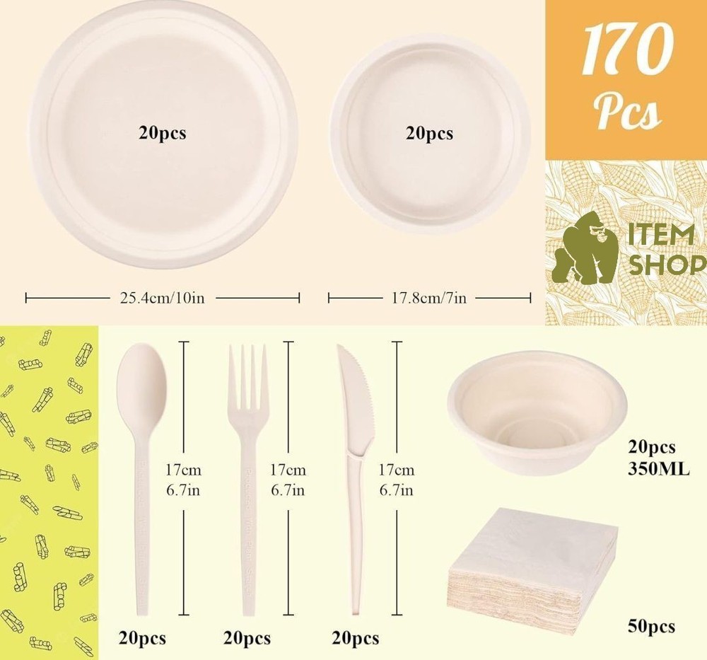 Dinnerware Set Disposable Paper Plates and Cutlery Set 100% Biodegradable
