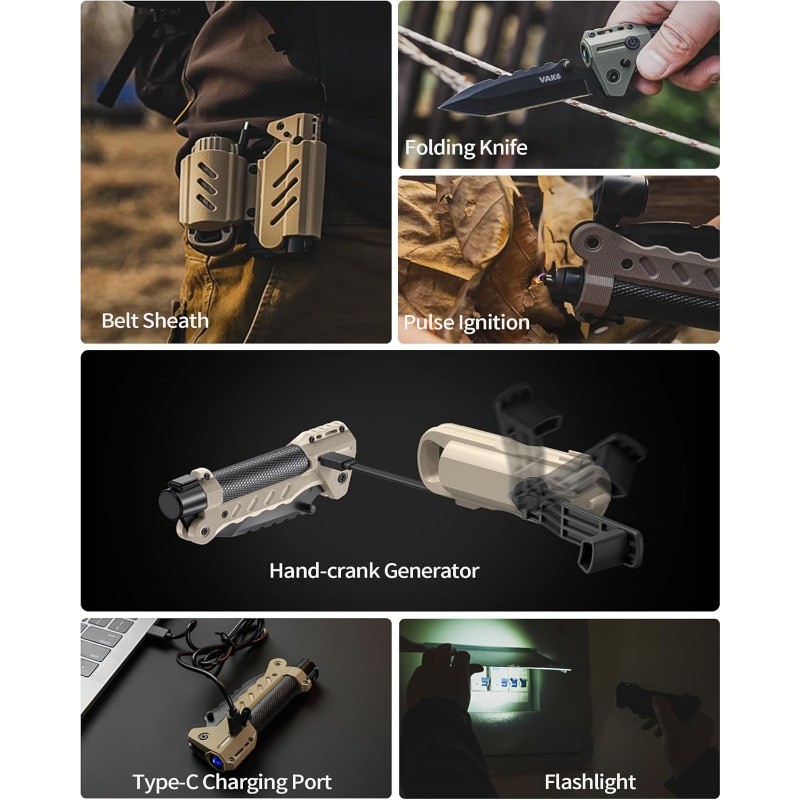VAK6 Survival Multitool Folding Knife LED Flashlight Pulse Ignition Hand Crank