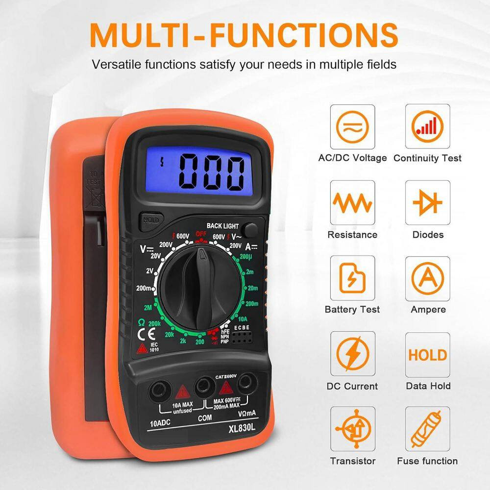 Digital Multimeter with AC/DC Voltage, Current, Resistance, Continuity, Diode Te