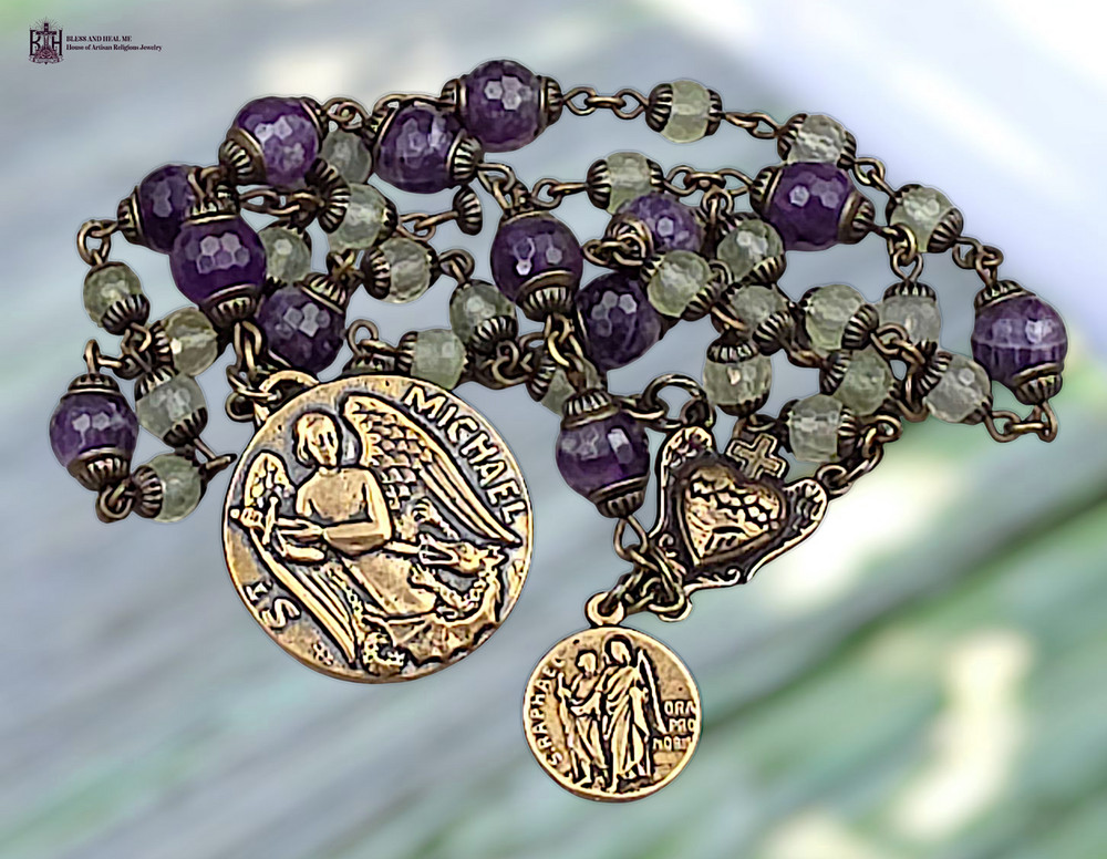 Archangel Michael & Raphael 40 Beads Chaplet | Bronze | Prehnite | Petite
