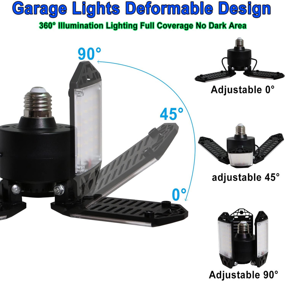 LED Garage Light, 80W 8000 Lumen Ceiling Lights with 3 Adjustable Panels, E26/E2