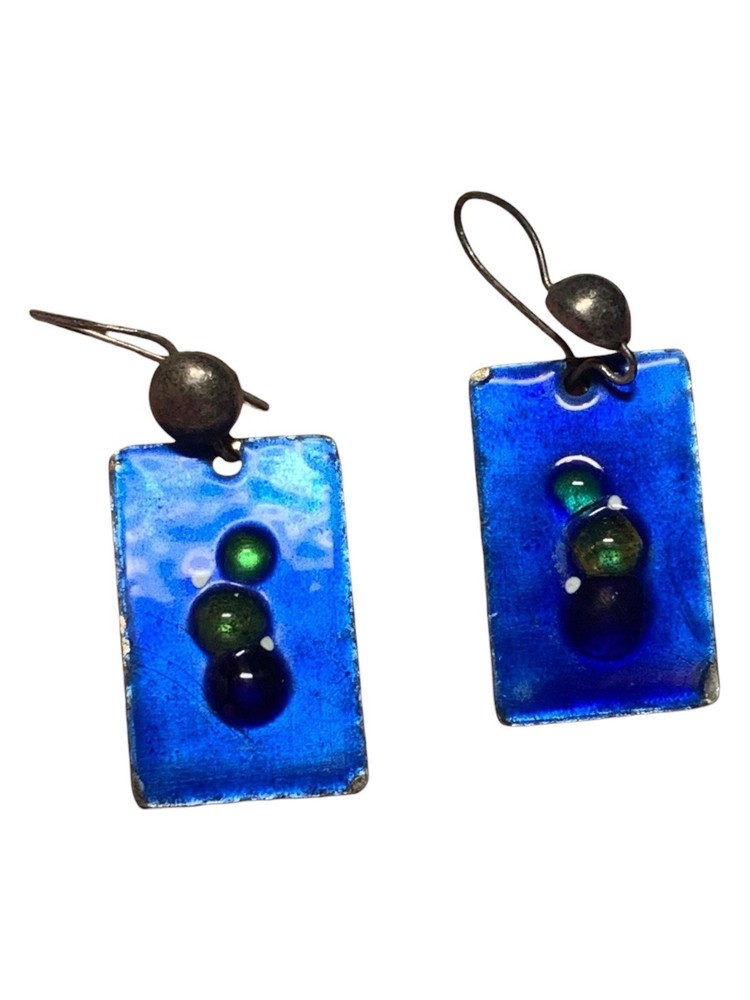 Handmade Blue Green Bubble Accent Rectangular Enamel Dangle Earrings